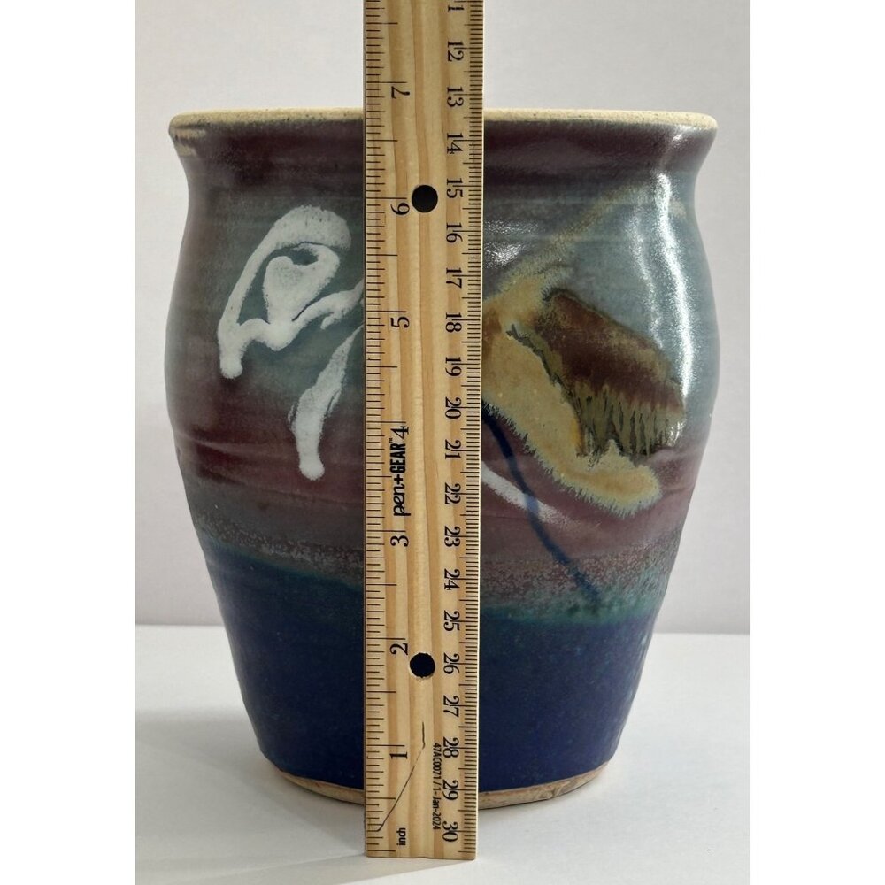 Handmade Pottery Vase Planter Abstract Glaze Blue & Burgundy Tones 7" Signed GT - Picture 6 of 9